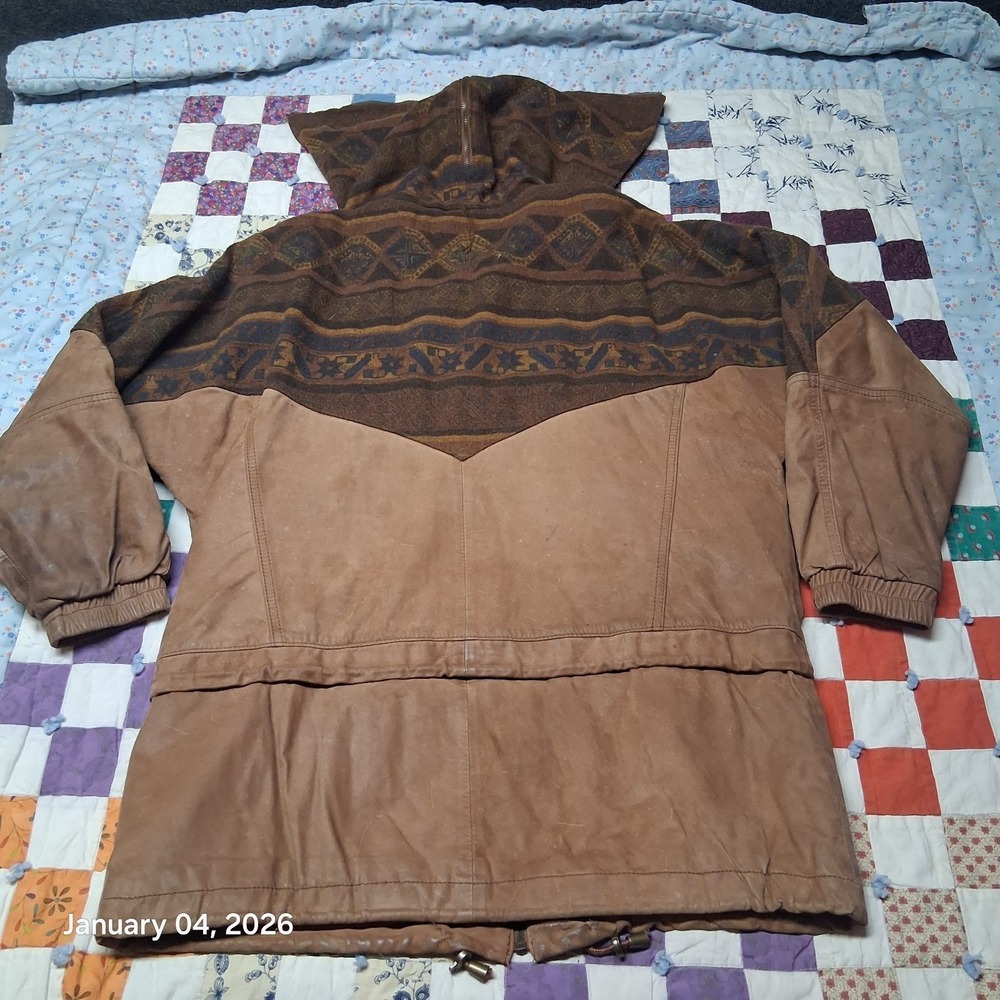 Vintage Winlit Leather & Wool Aztec Southwest Jacket Split Hood Parka Sz Small - Picture 6 of 16